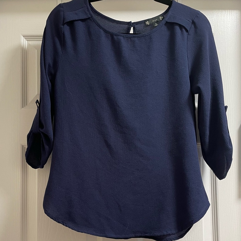 3/4 Sleeve Navy Textured Top with Gold Button Accents, Iris, Size S